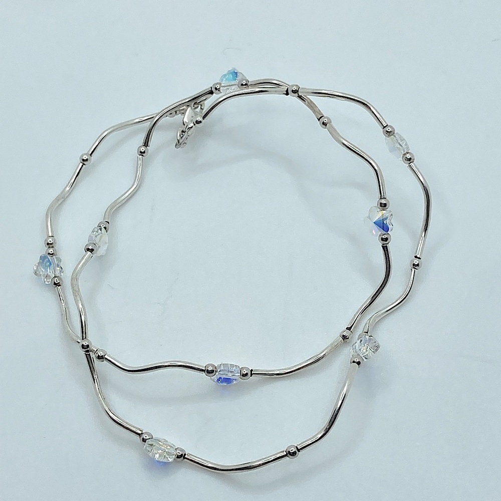 Vtg Sterling Heishi Tube & AB Aurora Flower Shaped Crystal Beaded Necklace 17”